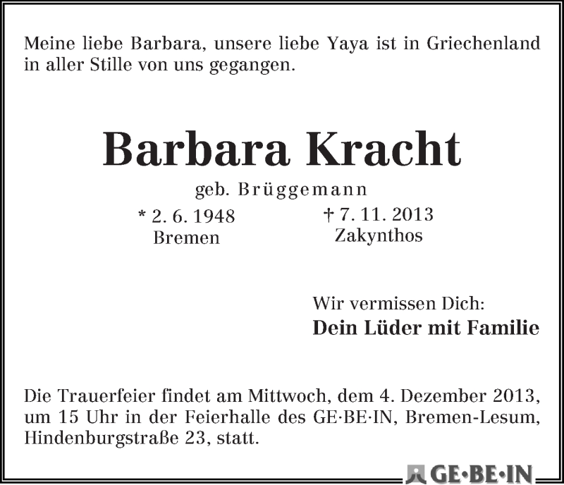 Traueranzeige von Barbara Kracht von WESER-KURIER