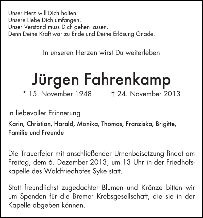  Traueranzeige für Jürgen Fahrenkamp vom 30.11.2013 aus WESER-KURIER