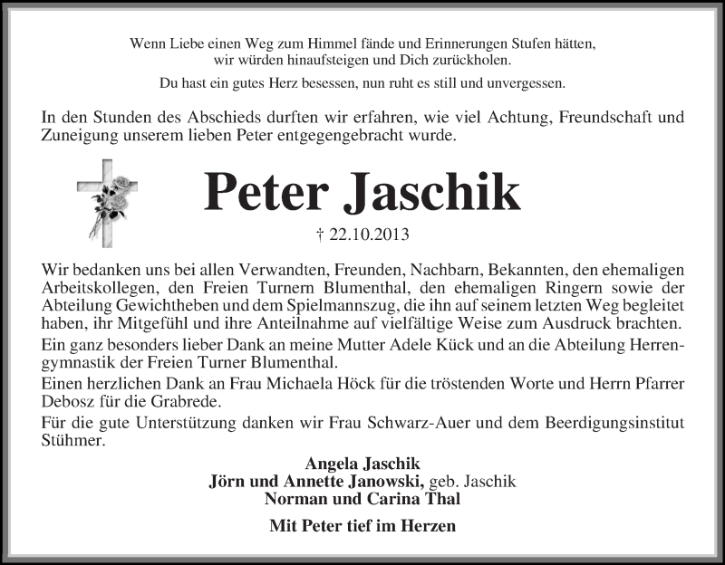  Traueranzeige für Peter Jaschik vom 30.11.2013 aus WESER-KURIER