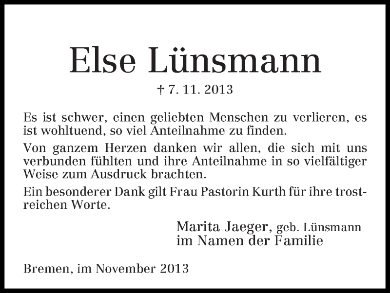  Traueranzeige für Else Lünsmann vom 30.11.2013 aus WESER-KURIER
