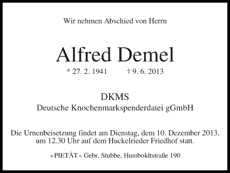  Traueranzeige für Alfred Demel vom 30.11.2013 aus WESER-KURIER