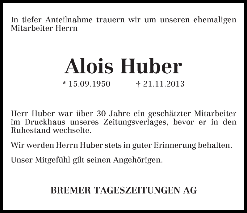 Traueranzeige von Alois Huber von WESER-KURIER