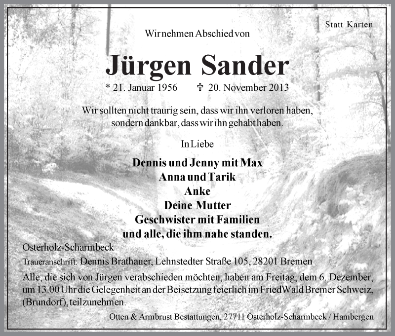 Traueranzeige von Jürgen Sander von WESER-KURIER