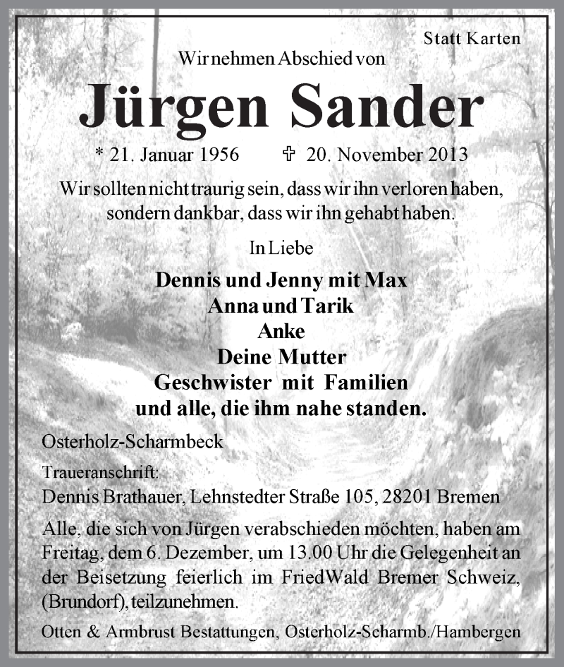  Traueranzeige für Jürgen Sander vom 30.11.2013 aus WESER-KURIER