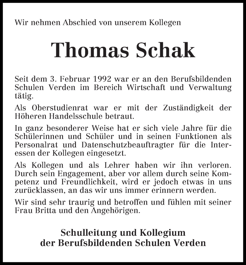  Traueranzeige für Thomas Schak vom 02.12.2013 aus WESER-KURIER