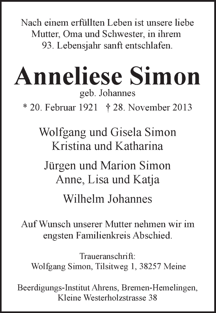 Traueranzeige von Anneliese Simon von WESER-KURIER