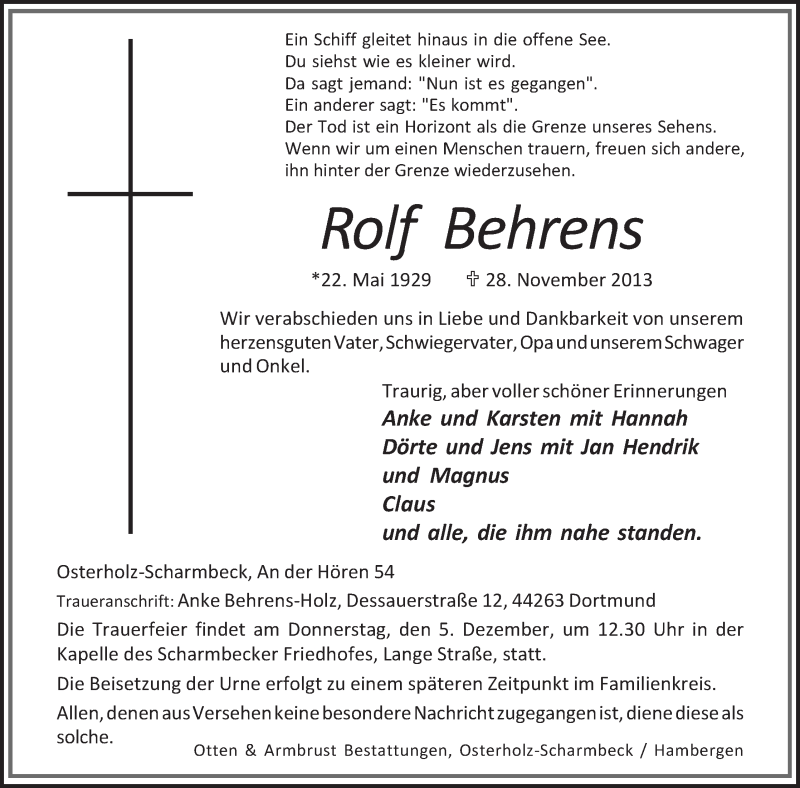 Traueranzeige von Rolf Behrens von WESER-KURIER