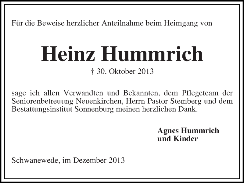 Traueranzeige von Heinz Hummrich von WESER-KURIER