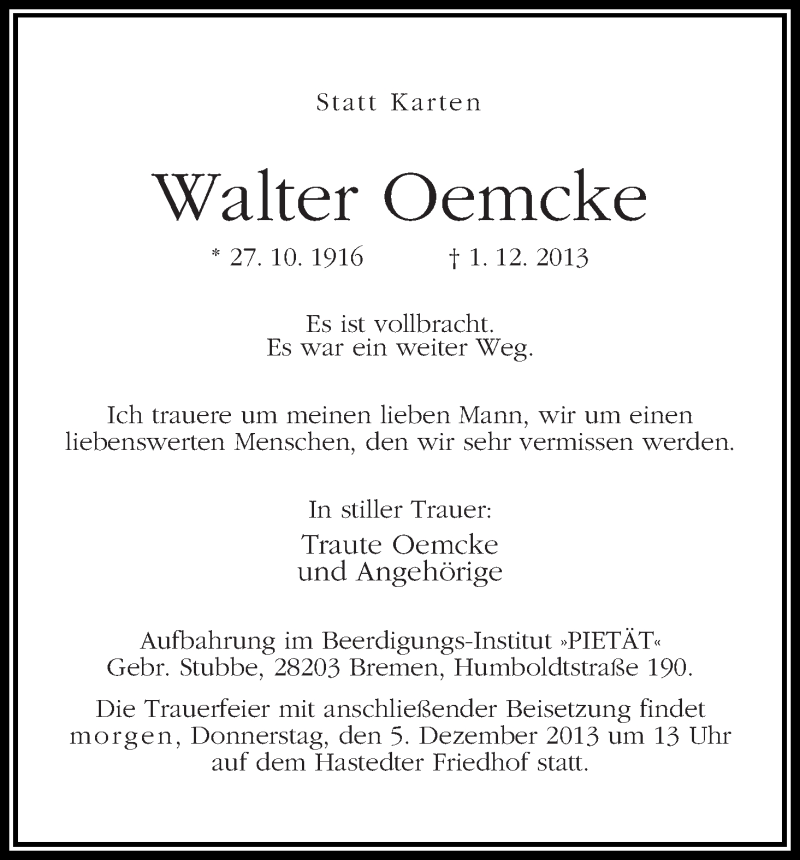 Traueranzeige von Walter Oemcke von WESER-KURIER