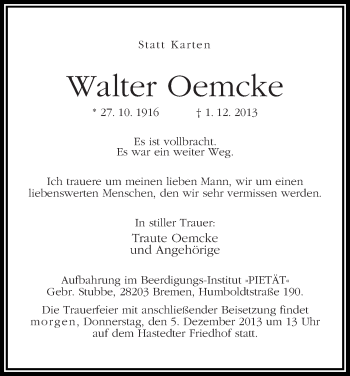 Traueranzeige von Walter Oemcke