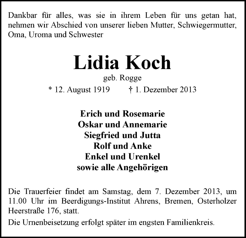 Traueranzeige von Lidia Koch von WESER-KURIER