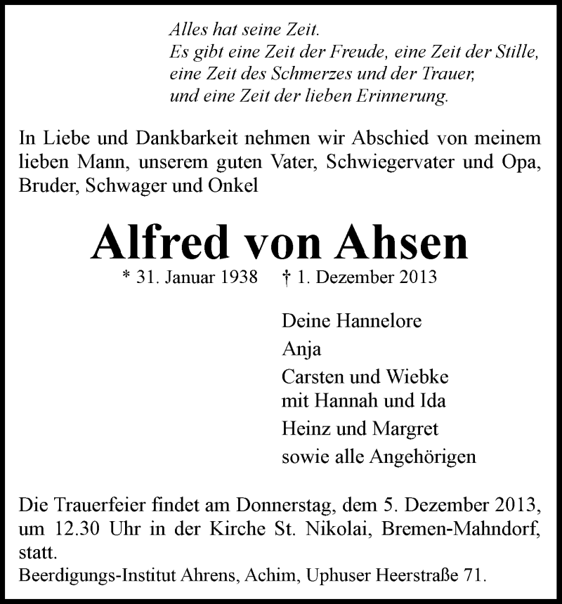 Traueranzeige von Alfred von Ahsen von WESER-KURIER