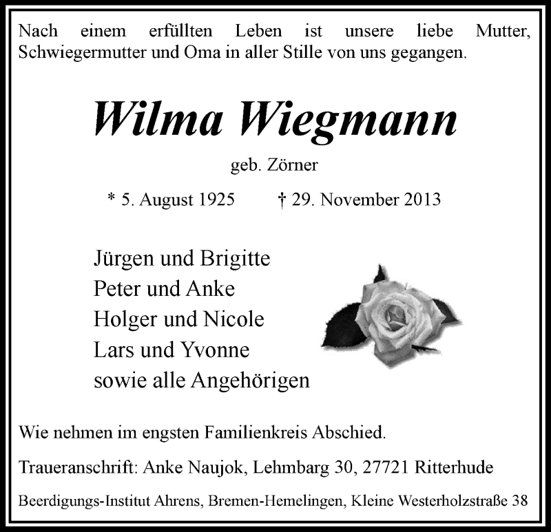 Traueranzeige von Wilma Wiegmann von WESER-KURIER