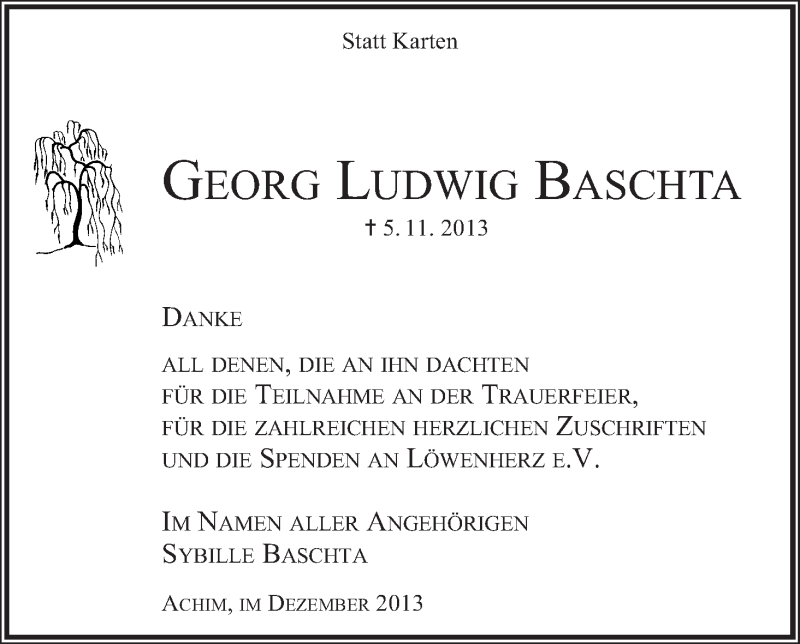 Traueranzeige von Georg Ludwig Baschta von WESER-KURIER