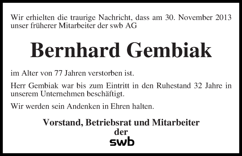 Traueranzeige von Bernhard Gembiak von WESER-KURIER