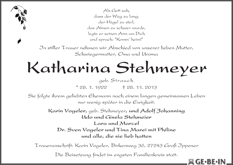 Traueranzeige von Katharina Stehmeyer von WESER-KURIER