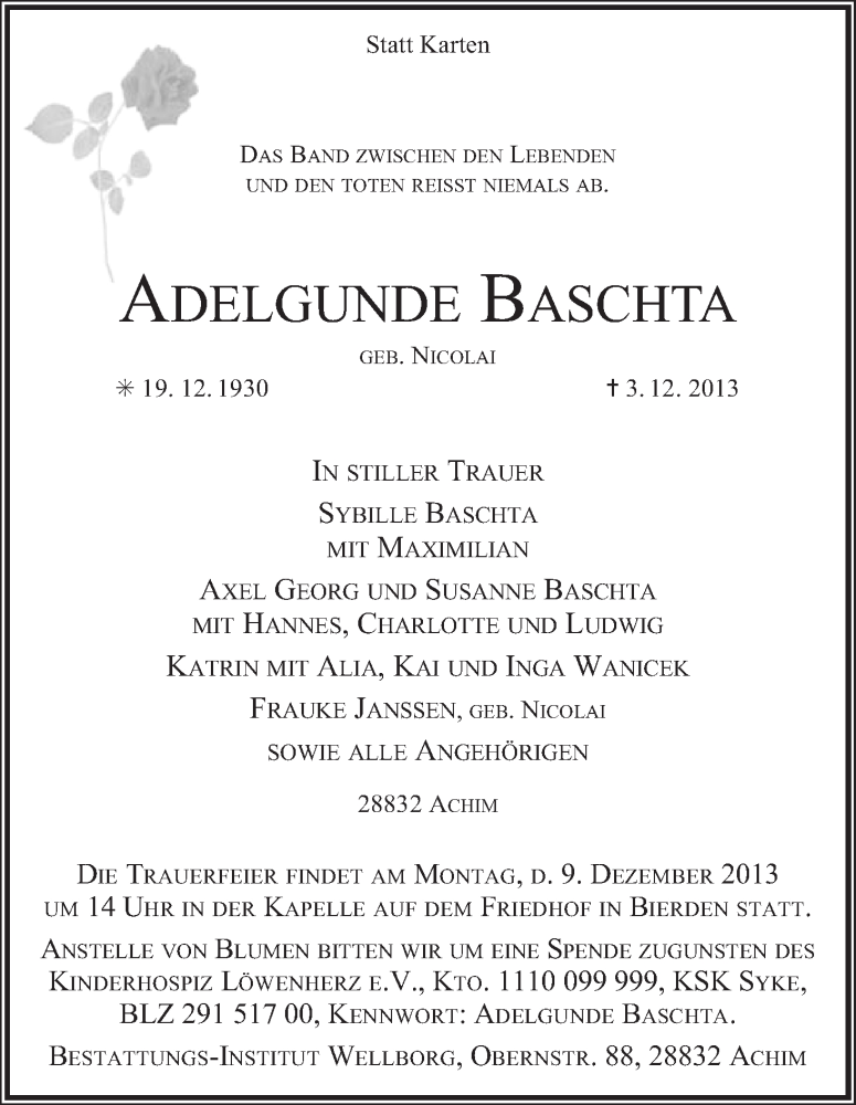 Traueranzeige von Adelgunde Baschta von WESER-KURIER