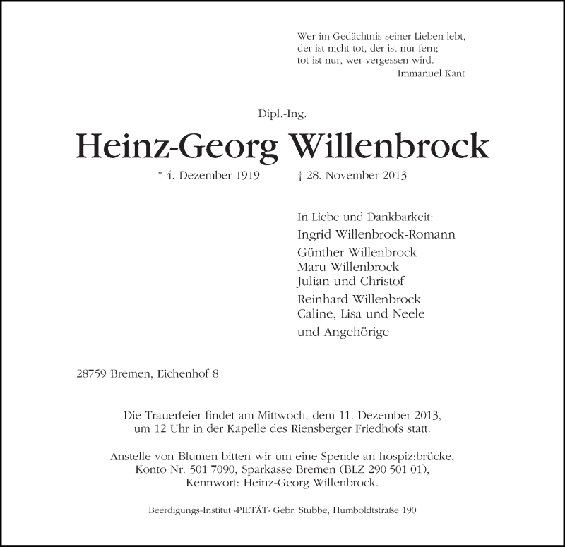 Traueranzeige von Heinz-Georg Willenbrock von WESER-KURIER
