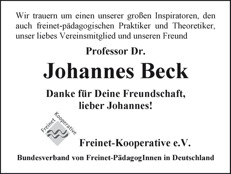  Traueranzeige für Johannes Beck vom 06.12.2013 aus WESER-KURIER