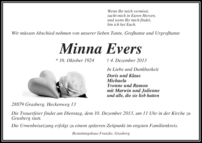 Traueranzeige von Minna Evers von WESER-KURIER