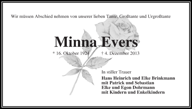 Traueranzeige von Minna Evers von WESER-KURIER