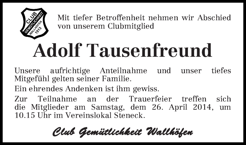 Traueranzeige von Adolf Tausendfreund von Osterholzer Kreisblatt