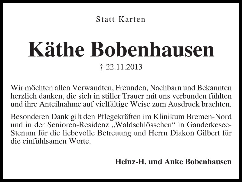 Traueranzeige von Käthe Bobenhausen von WESER-KURIER