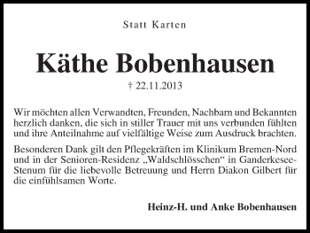 Traueranzeige von Käthe Bobenhausen