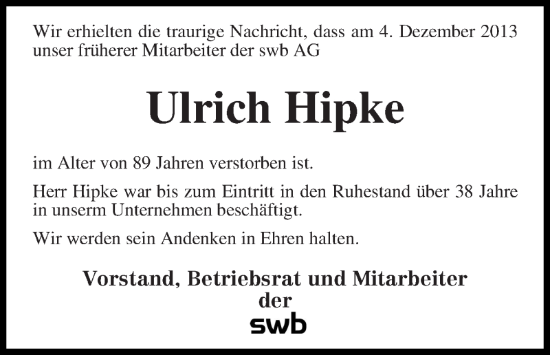 Traueranzeige von Ulrich Hipke von WESER-KURIER