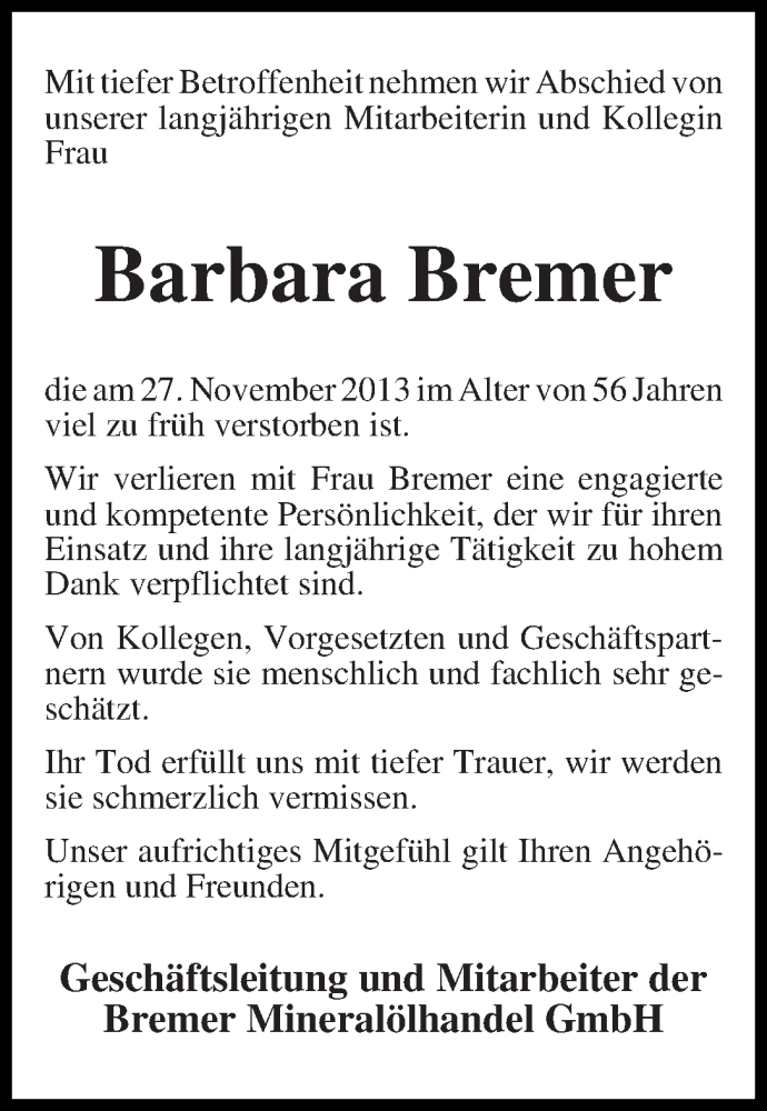 Traueranzeige von Barbara Bremer von WESER-KURIER