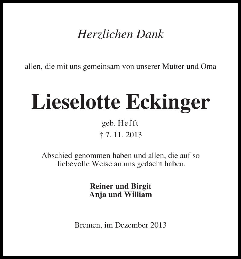  Traueranzeige für Lieselotte Eckinger vom 07.12.2013 aus WESER-KURIER