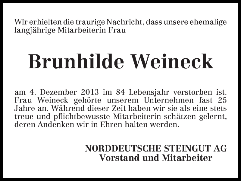 Traueranzeige von Brunhilde Weineck von WESER-KURIER
