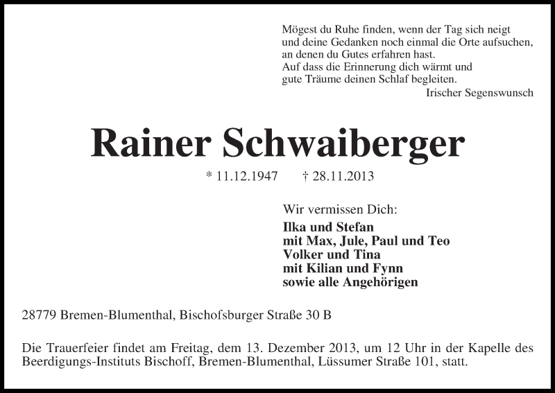 Traueranzeige von Rainer Schwaiberger von WESER-KURIER