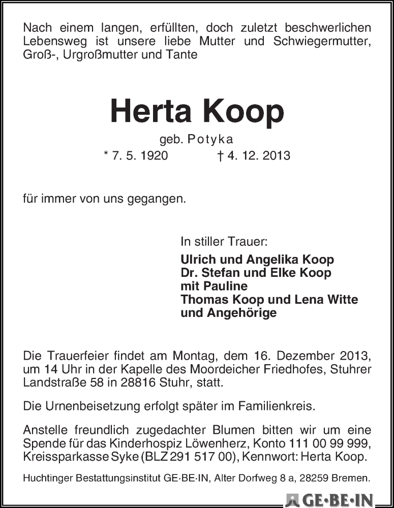 Traueranzeige von Herta Koop von WESER-KURIER