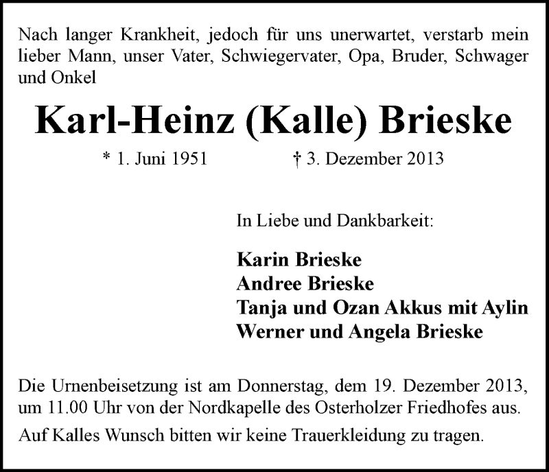 Traueranzeige von Karl-Heinz Brieske von WESER-KURIER