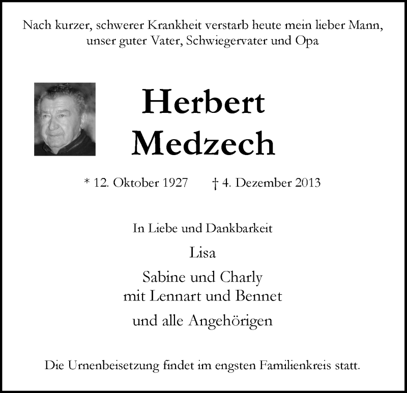 Traueranzeige von Herbert Medzech von WESER-KURIER
