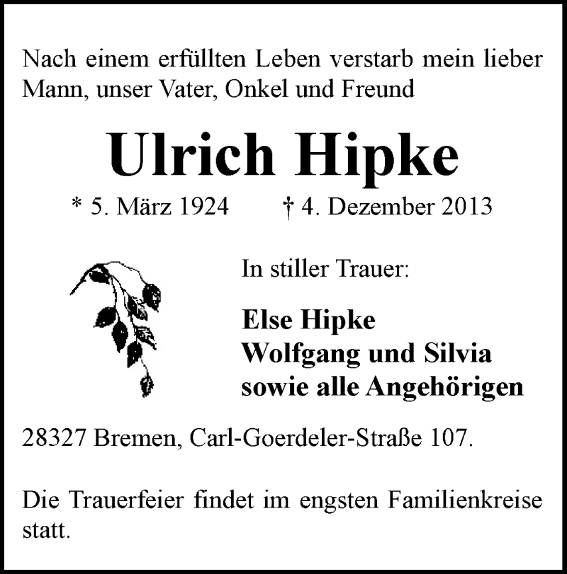 Traueranzeige von Ulrich Hipke von WESER-KURIER