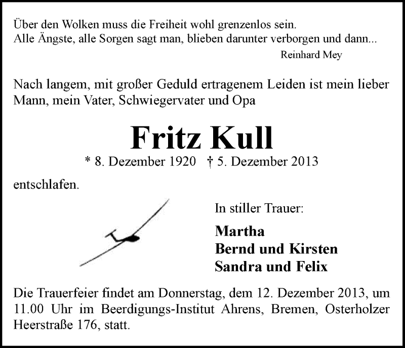 Traueranzeige von Fritz Kull von WESER-KURIER