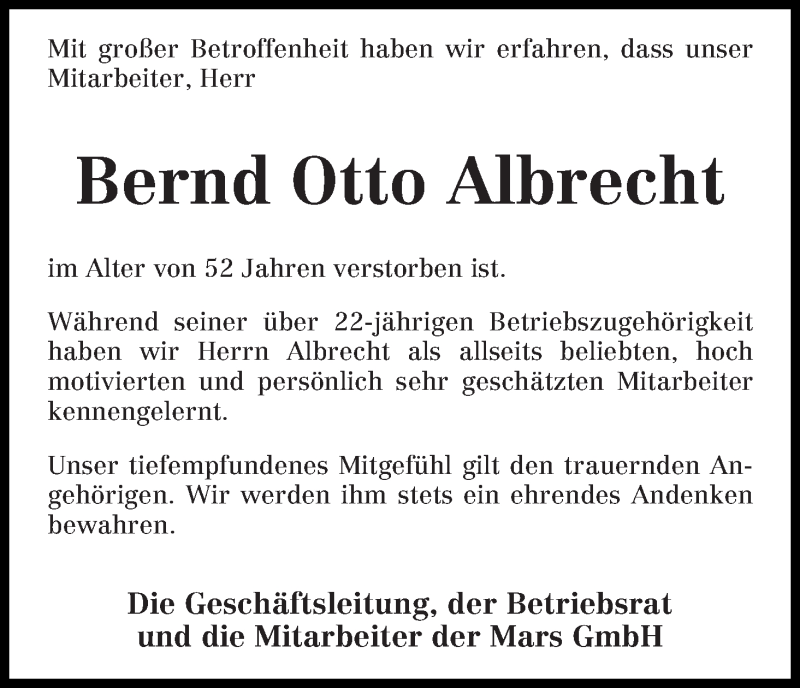Traueranzeige von Bernd Otto Albrecht von WESER-KURIER