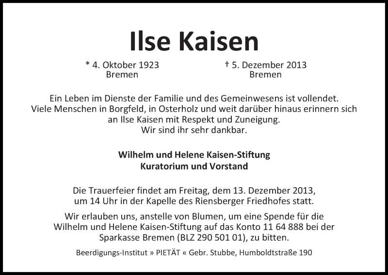  Traueranzeige für Ilse Kaisen vom 10.12.2013 aus WESER-KURIER