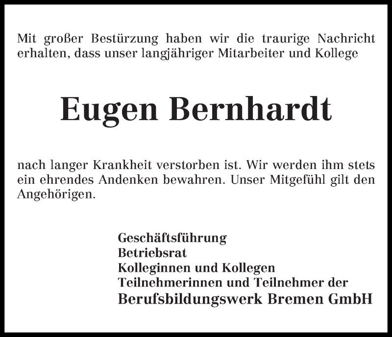 Traueranzeige von Eugen Bernhardt von WESER-KURIER