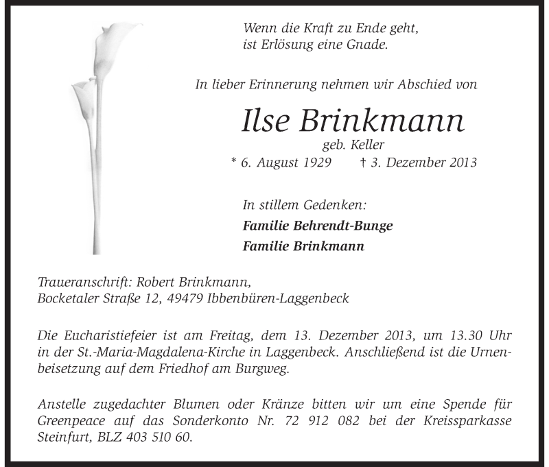Traueranzeige von Ilse Brinkmann von WESER-KURIER