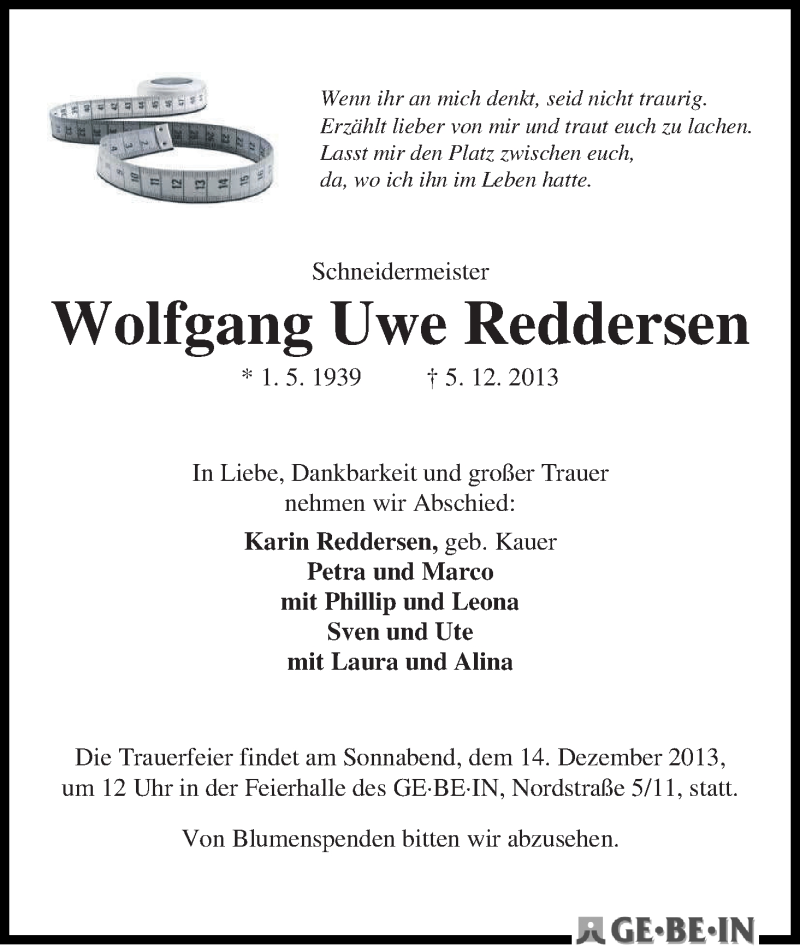 Traueranzeige von Wolfgang Uwe Reddersen von WESER-KURIER