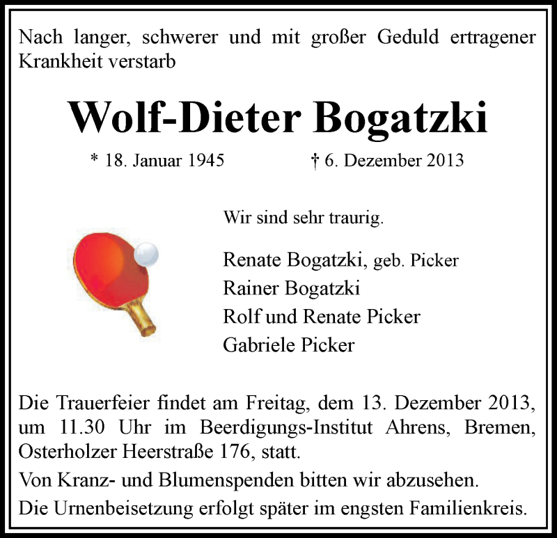 Traueranzeige von Wolf-Dieter Bogatzki von WESER-KURIER