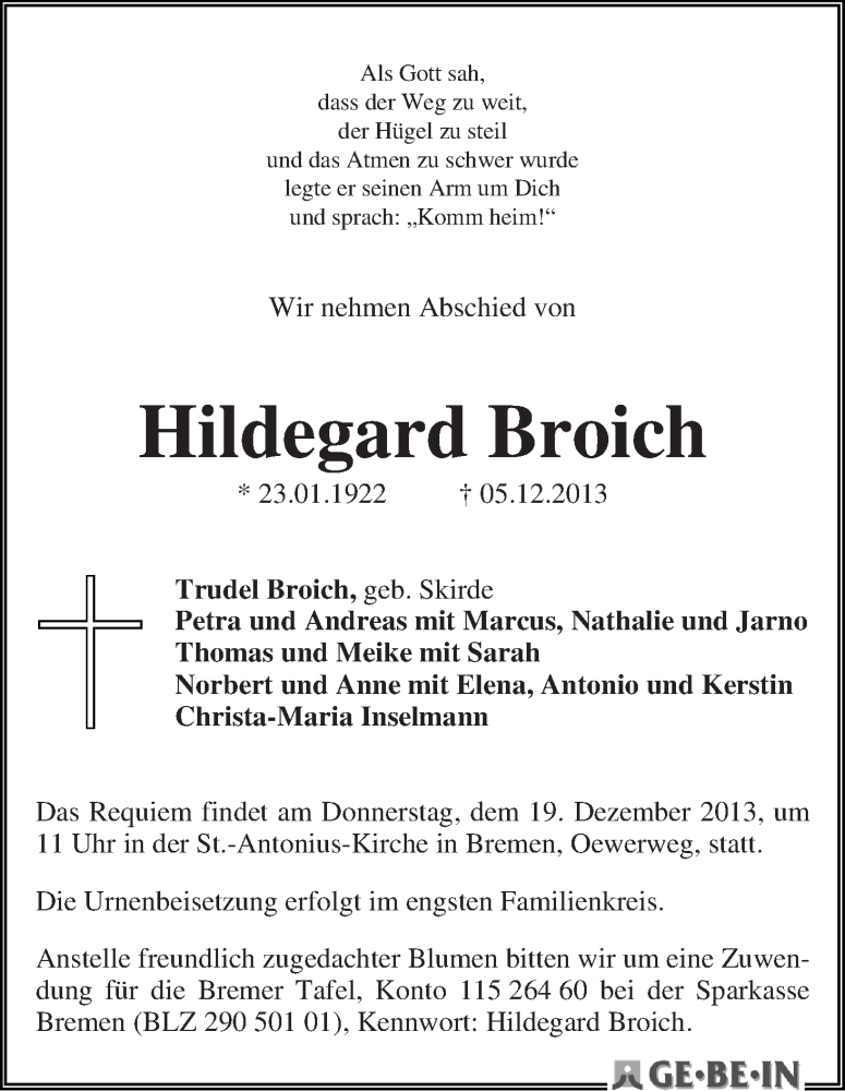 Traueranzeige von Hildegard Broich von WESER-KURIER