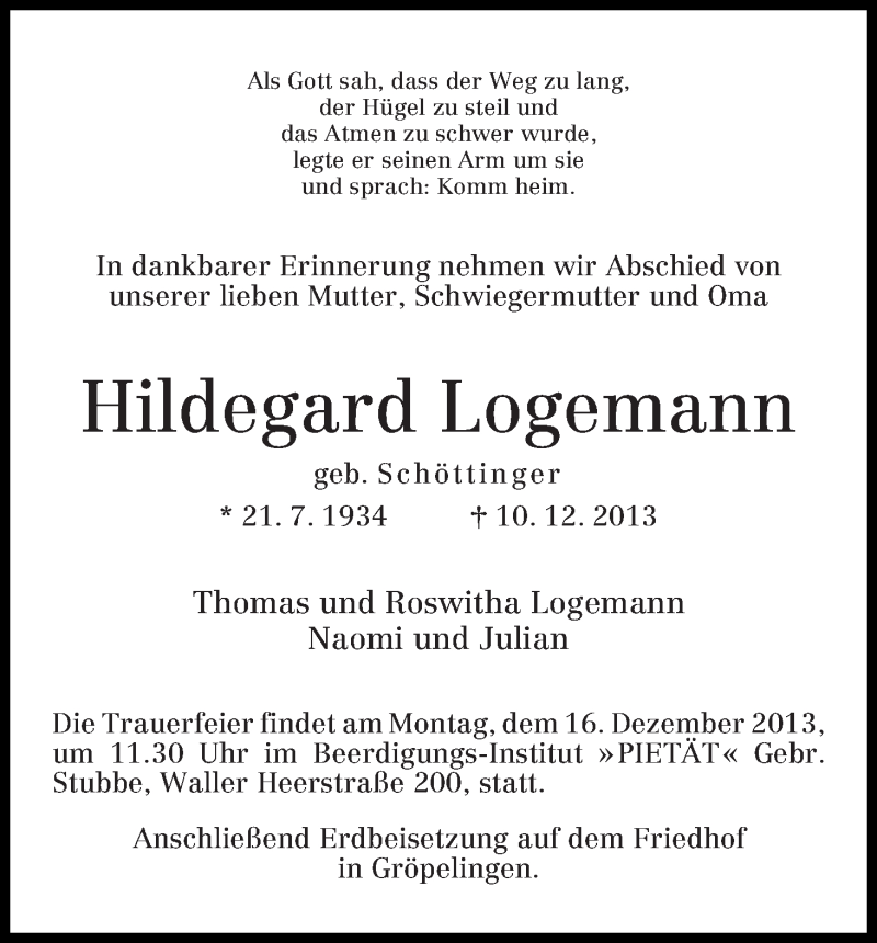  Traueranzeige für Hildegard Logemann vom 12.12.2013 aus WESER-KURIER