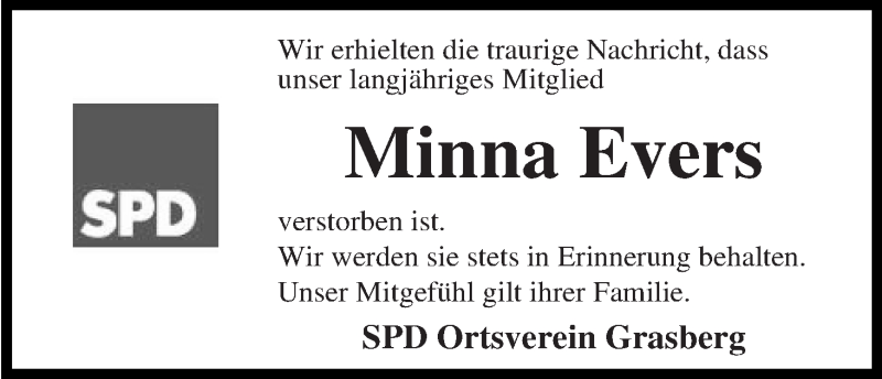Traueranzeige von Minna Evers von WESER-KURIER