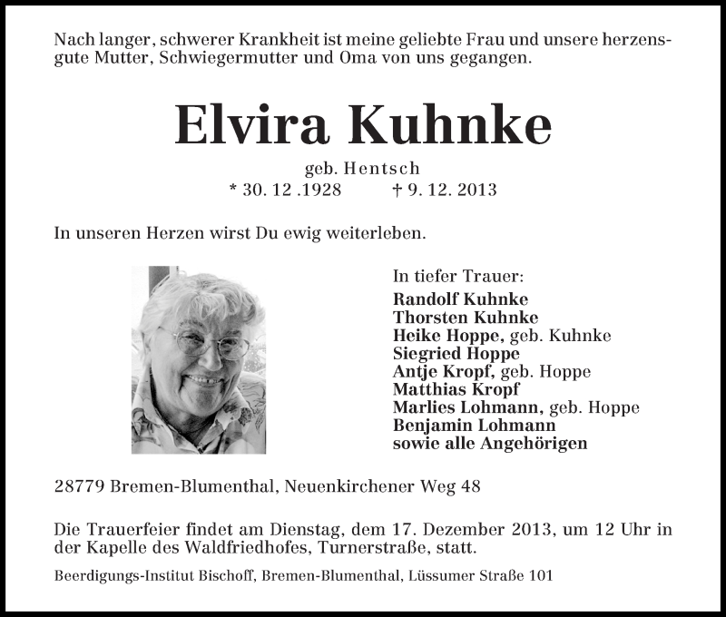 Traueranzeige von Elvira Kuhnke von WESER-KURIER