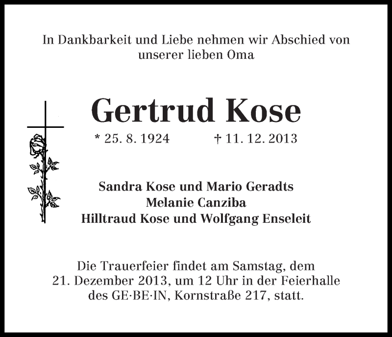 Traueranzeige von Gertrud Kose von WESER-KURIER