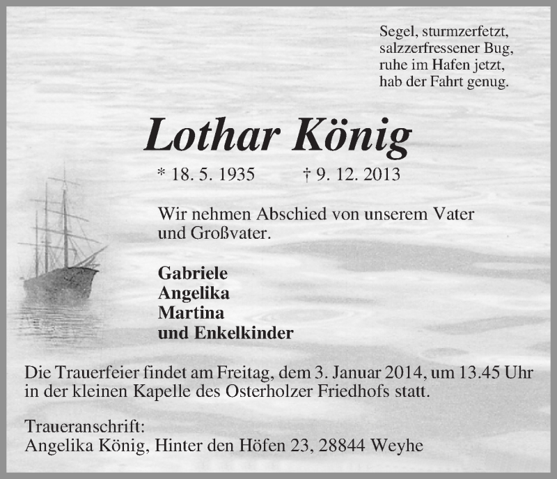  Traueranzeige für Lothar König vom 14.12.2013 aus WESER-KURIER